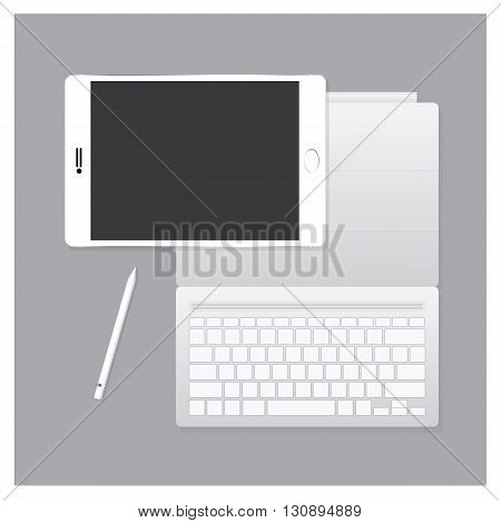 White Tablet Pro with Keyboard Case and Pen Vector Illustration