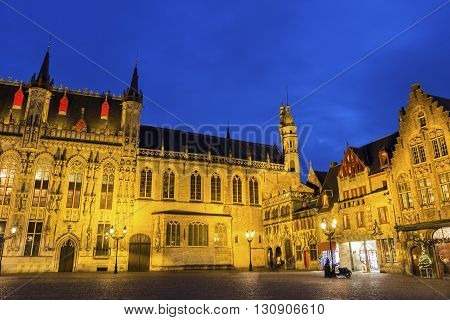 City Hall and Basilica of the Holy Blood in Burg Square in Burges in Belgium