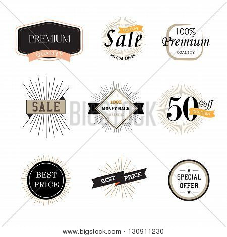 Set of vintage premium quality stickers. Vector illustrations for sale, sell products, discounts, the mark of quality.