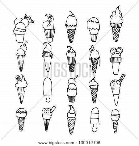 Hand drawn black and white ice cream icons set.