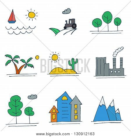 Set of hand drawn colored landscape icons. Vector illustration. Doodles.