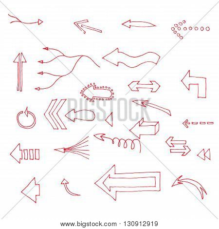 Set of vector hand drawn red arrows icons on white.