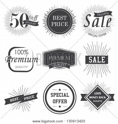 Set of vintage premium quality stickers. Vector illustrations for sale, sell products, discounts, the mark of quality.
