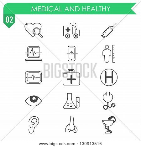 Set of medical and healthy icons on white background. Illustration in vector.