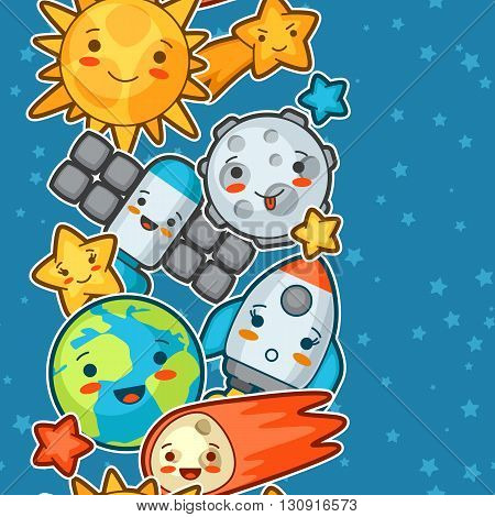 Kawaii space seamless pattern. Doodles with pretty facial expression. Illustration of cartoon sun, earth, moon, rocket and celestial bodies.