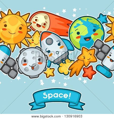 Kawaii space seamless pattern. Doodles with pretty facial expression. Illustration of cartoon sun, earth, moon, rocket and celestial bodies.