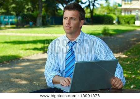 Casual uomo d'affari utilizzando laptopn nell'estate del parco.