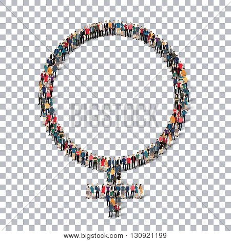 A group of people in the form of a female symbol , transparent,   isometrick , web infographics concept  illustration of a crowded square, flat 3d. Crowd point group forming a predetermined shape. Creative people.Transparency grid. 3D illustration.
