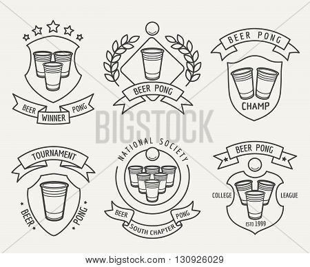 Beer pong line logo set. Beer pong drinking game vector linear labels