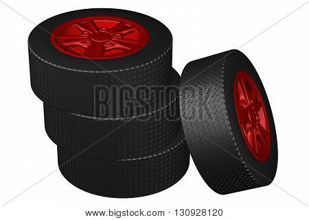 Car wheels isolated on white background. 3D rendering.