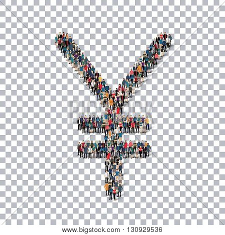 A group of people in the form of the yen, the currency , transparent,   isometrick , web infographics concept  illustration of a crowded square, flat 3d. Crowd point group forming a predetermined shape. Creative people.Transparency grid. 3D illustration.