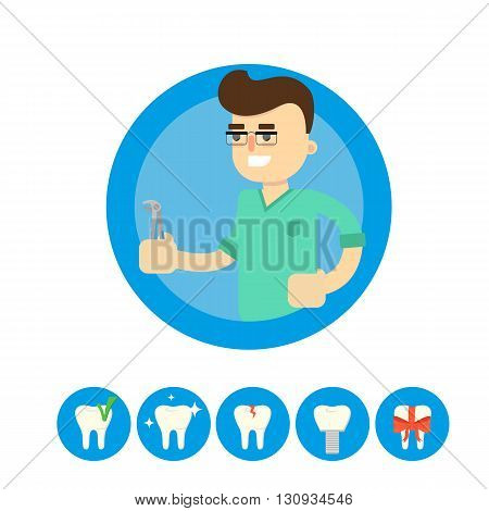 Dentist cartoon character vector illustration. Dentist with dental tools and tooth icon around. Infographics of dentist work. Dentist tools. Dental care concept. Ad for dental clinic or dentist office. Tooth health concept. Dental background