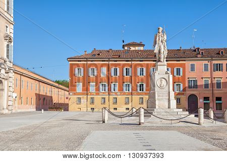 Piazza Roma with monument to Vincenzo Borelli Modena Emilia-Romagna Italy