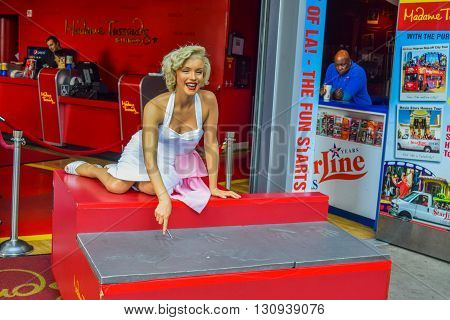 Los Angeles, California, USA . January 16, 2016 marilyn monroe The Hollywood Walk of Fame stretches for 15 blocks of sidewalk on Hollywood Boulevard. Madame Tussauds Hollywood wax museum