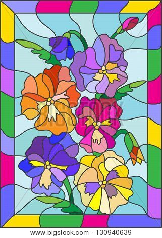 Illustration in stained glass style with flowers buds and leaves of pansy
