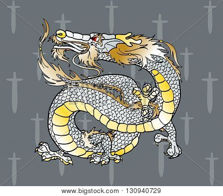 Majestic white metal Asian Chinese dragon against silver swords