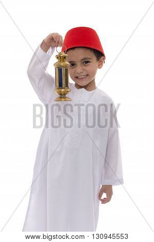 Happy Young Boy Holding Fanoos Celebrating Ramadan