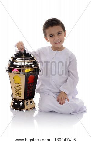 Happy Young Boy With Big Fanoos Celebrating Ramadan