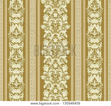 Seamless vintage background. Royal renaissance striped wallpaper. Vector background for textile design.  Wallpaper, background, baroque pattern. White on beige backdrop.