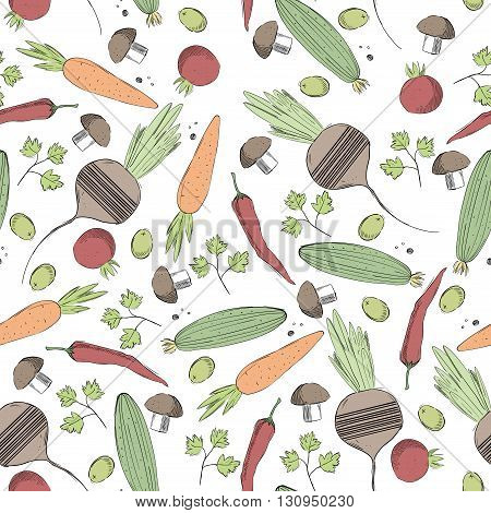 Vegetables hand drawn colorful pattern .Restaurant menu or food market design
