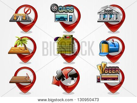 Nine detailed red navigation icons for map