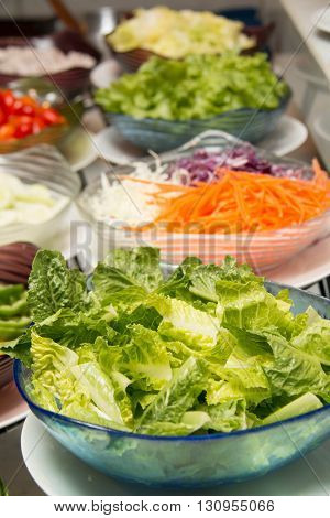 Selection of slads at a buffet bar in a luxury hotel restaurant