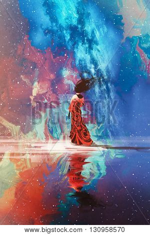 woman in dress standing on water against Universe filled with stars, illustration