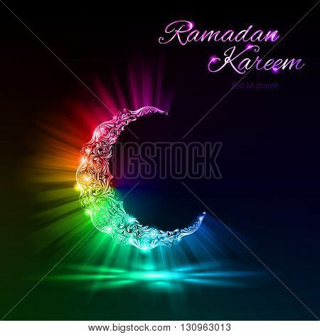 Glowing Moon Crescent with bright flare and radiance in spectral colors . Greeting card of holy Muslim month Ramadan