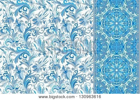 Set of seamless floral pattern and border for design. Hand draw vector Illustration. Seamless background with flowers. Drlicate blue tone.