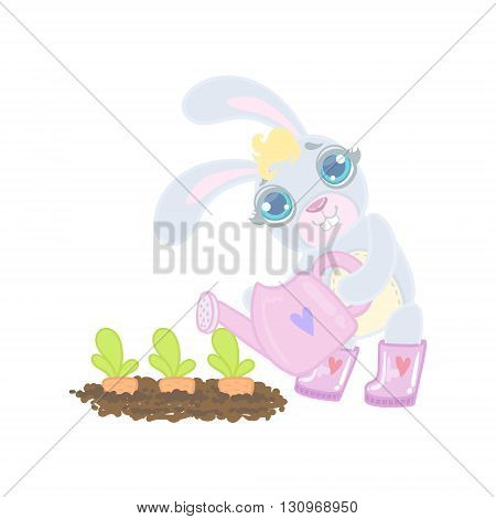Bunny Planting The Carrots Illustration In Cute Girly Cartoon Style Isolated On White Background