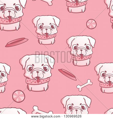 Seamless pattern with cute little pug puppy. Wallpaper with pug puppy with collar and toys. Pink seamless textute with hand drawn doggie