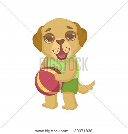 Puppy Holding The Ball Colorful Illustration In Cute Girly Cartoon Style Isolated On White Background