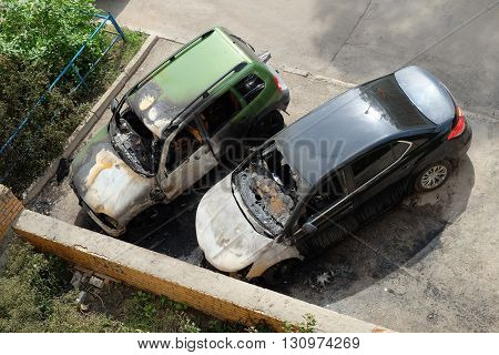Burned parked car in the city Samara