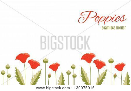 Repeatable summer flower border with red poppies and green leaves. Design of floral pattern for cards, invitations, websites and other projects.
