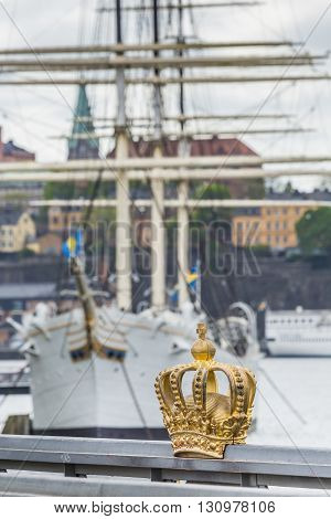 Skeppsholmsbron (skeppsholm Bridge) With Its Famous Golden Crown In Stockholm, Sweden