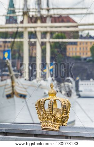 Skeppsholmsbron (skeppsholm Bridge) With Its Famous Golden Crown In Stockholm, Sweden