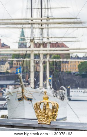 Skeppsholmsbron (skeppsholm Bridge) With Its Famous Golden Crown In Stockholm, Sweden