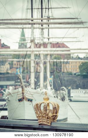 Skeppsholmsbron (skeppsholm Bridge) With Its Famous Golden Crown In Stockholm, Sweden