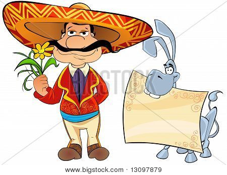 Mexican with a flower and a donkey.