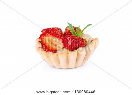 Baked strawberry dessert with cream. Sweet strawberry tart isolated on white