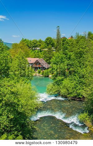 Beautiful village of Rastoke near Slunj in Croatia, river Slunjcica, old water mills on waterfalls