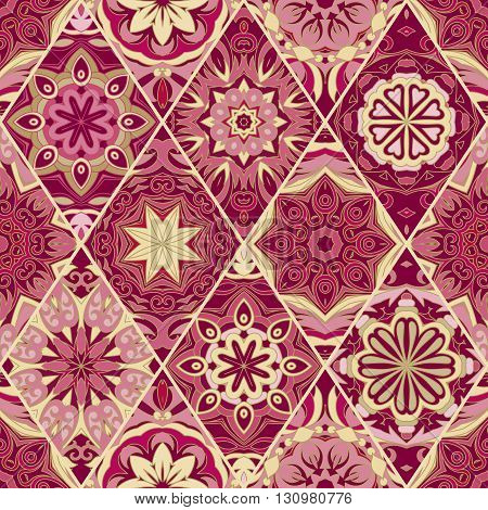 Seamless pattern vintage decorative elements. Hand drawn geometric background. Islam, Arabic, Indian, ottoman motifs. Perfect for printing on fabric or paper. Vinous glod tone.