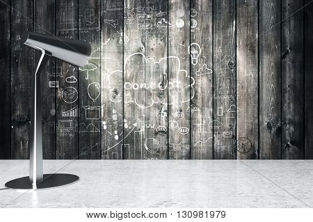 Table lamp illuminating aged wooden wall with business concept. 3D Rendering