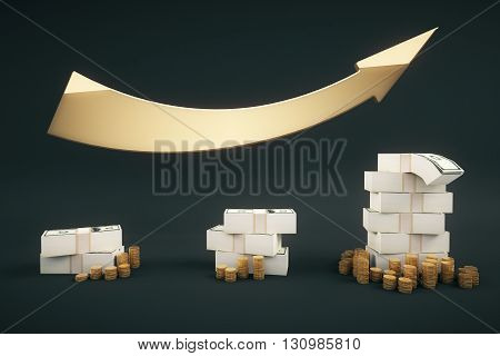 Financial growth concept with dollar banknote stacks coins and upward arrow on dark backrgound. 3D Rendering