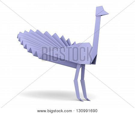 Purple peacock from paper isolated on white background. 3d rendering.