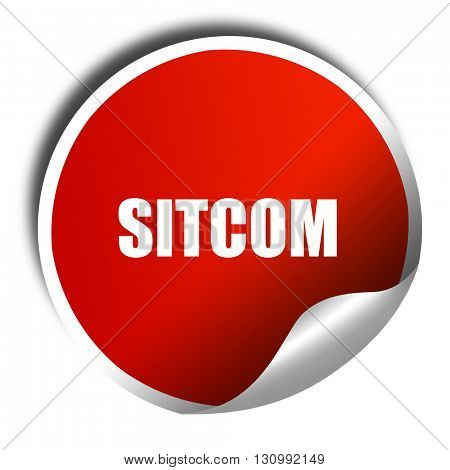 sitcom, 3D rendering, red sticker with white text