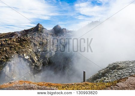 Steam rising from the crater La Soufriere volcano the highest mountain in Guadeloupe, French department in Caribbean