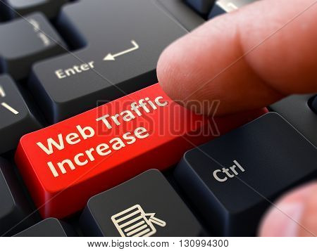 Web Traffic Increase - Written on Red Keyboard Key. Male Hand Presses Button on Black PC Keyboard. Closeup View. Blurred Background. 3D Render.