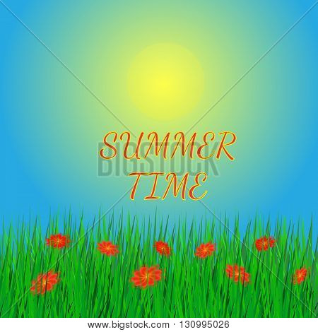 Summer background. Vector illustration. Sky sun and grass. Background in green blue and yellow colors.