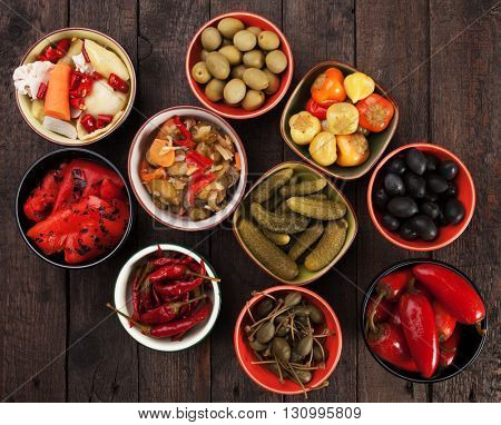 Pickled cucumber, olives and vegetables served as tapas or mezze